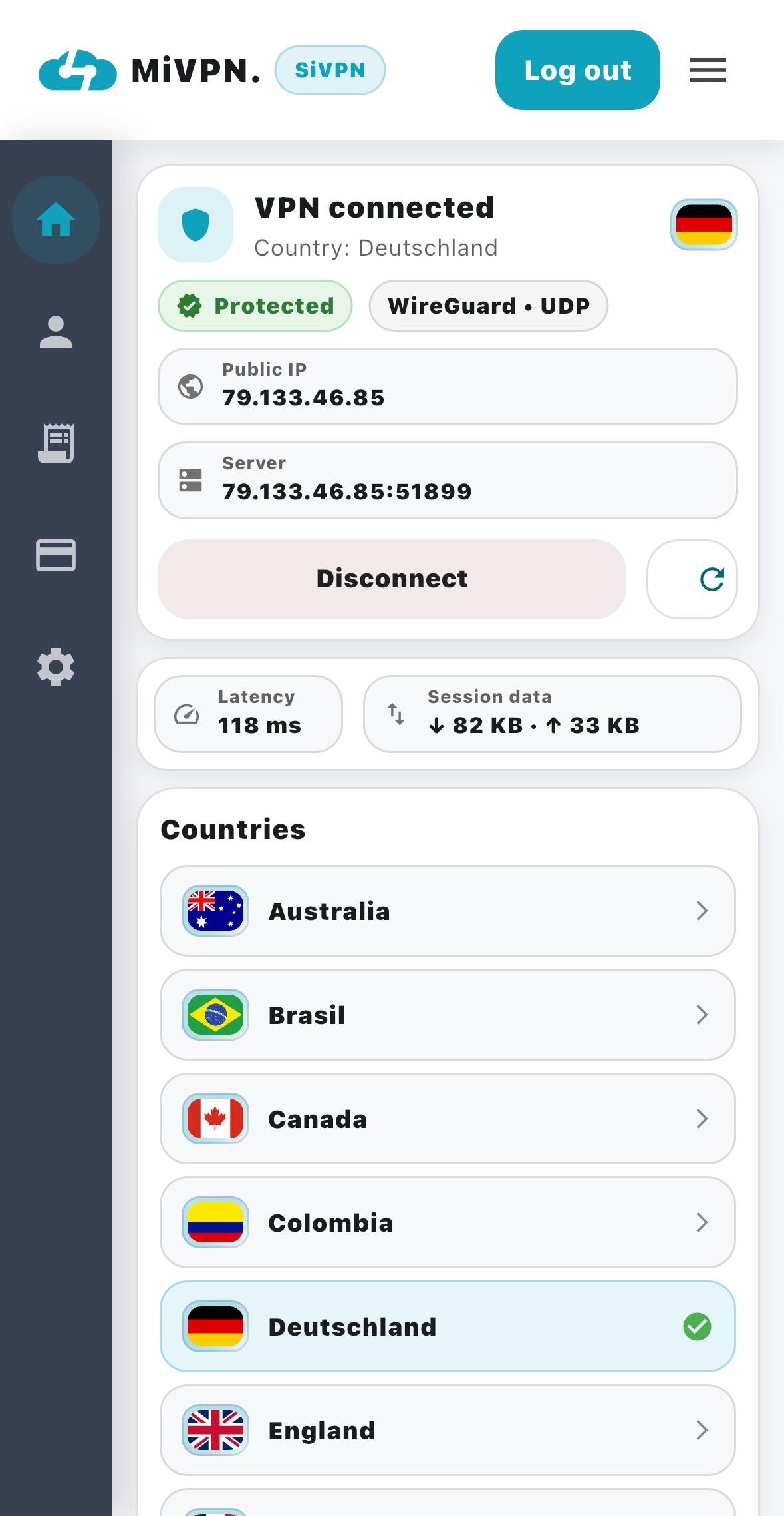 SiVPN dashboard connected to Germany